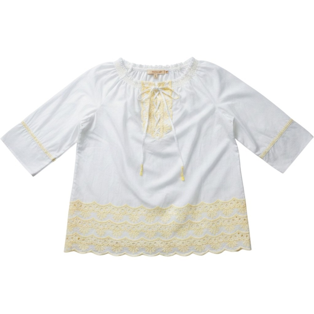 INC Tunic Blouse Women 8 White Yellow Excellent Eyelet Lace Up Boho Cotton